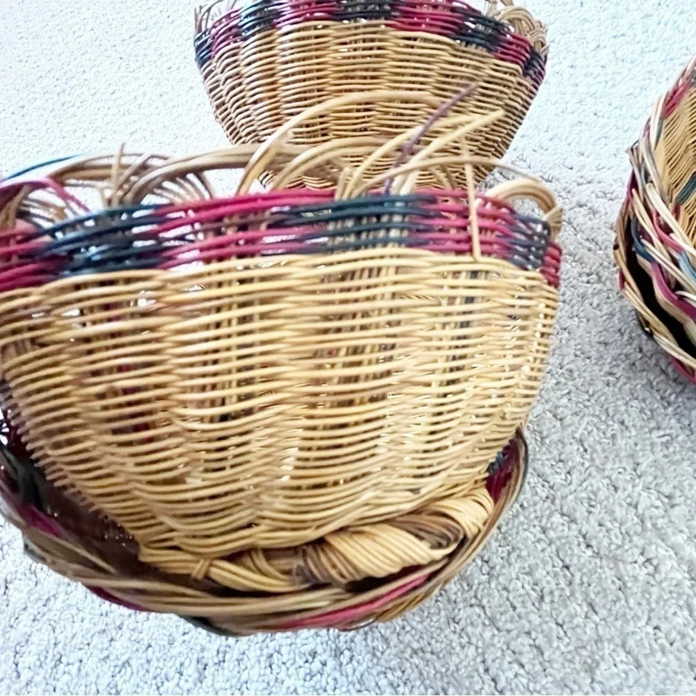 Woven Rattan Wicker Baskets Open Weave Round Stackable Xmas Vintage Set of 8